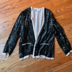 Zara Black Sequin Blazer with Cream Trim